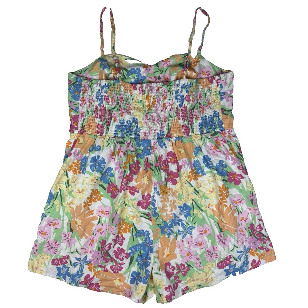 Old Navy Cami Romper Womens 2X Linen Blend Floral Sweetheart Smocking Beachy - Picture 2 of 9